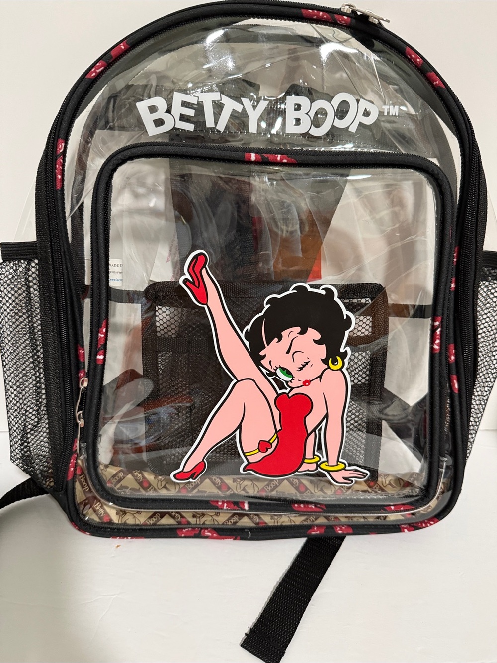 Betty Boop Large Clear Backpack with Black Trim and Red Graphic